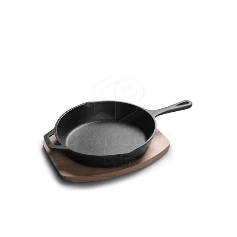 Cast Iron Skillet Frying Pan with Wood Tray, 10"