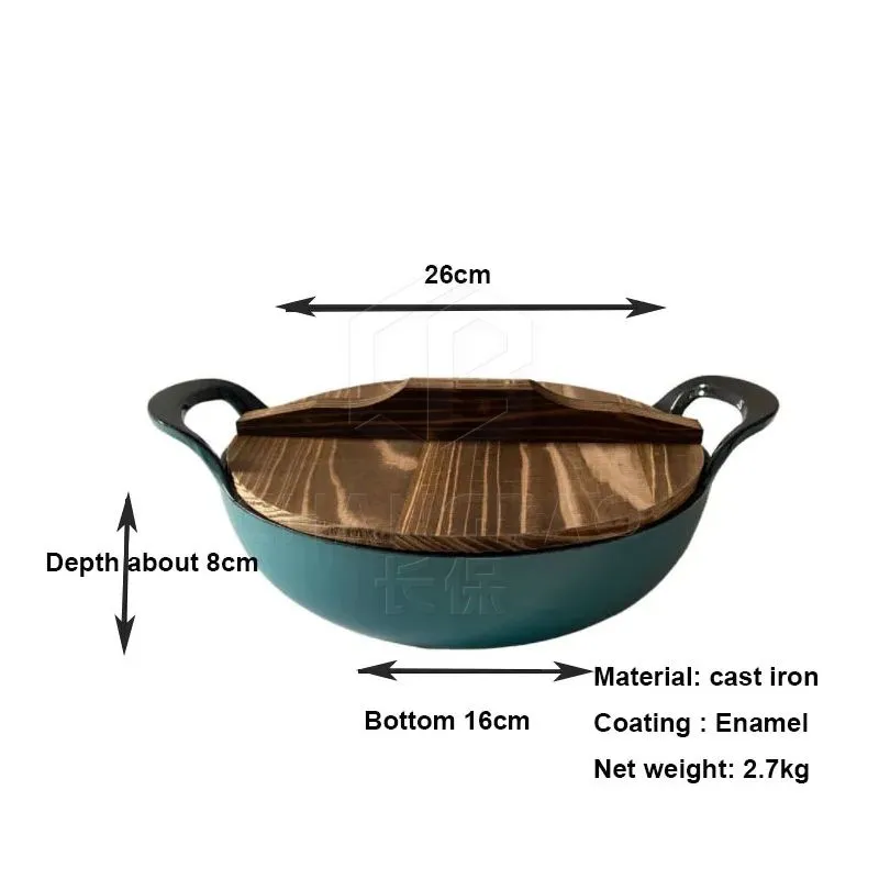 Flat Bottomed Lake Blue Enameled Cast Iron Wok 26cm