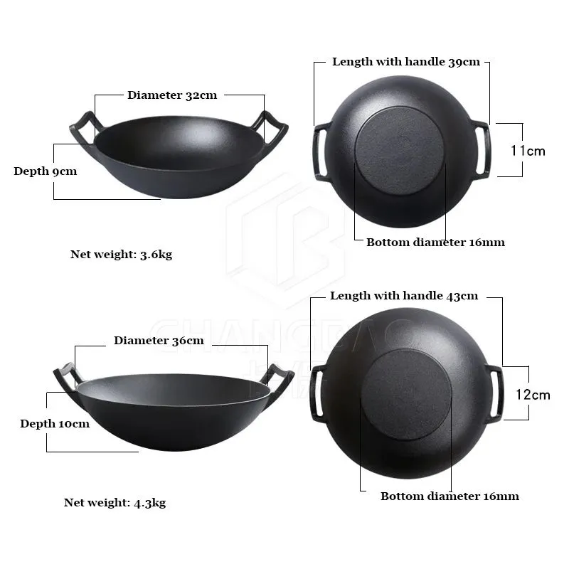 36cm Old Fashioned Flast Bottomed Cast Iron Wok with Two Handles