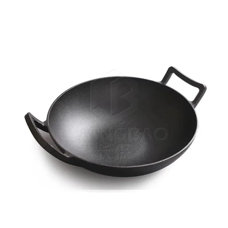 36cm Old Fashioned Flast Bottomed Cast Iron Wok with Two Handles