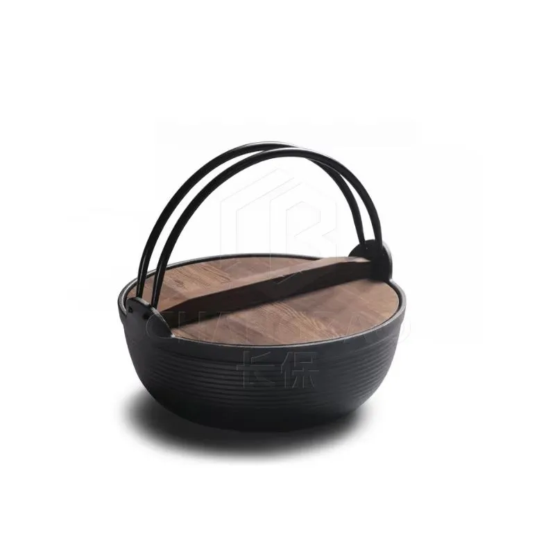 19cm/25cm/27cm/29cm Cast Iron Stew Pot with Wood Cover, Japanese Sukiyaki Stew Pot, Uncoated, Outdoor Field Hanging Pot