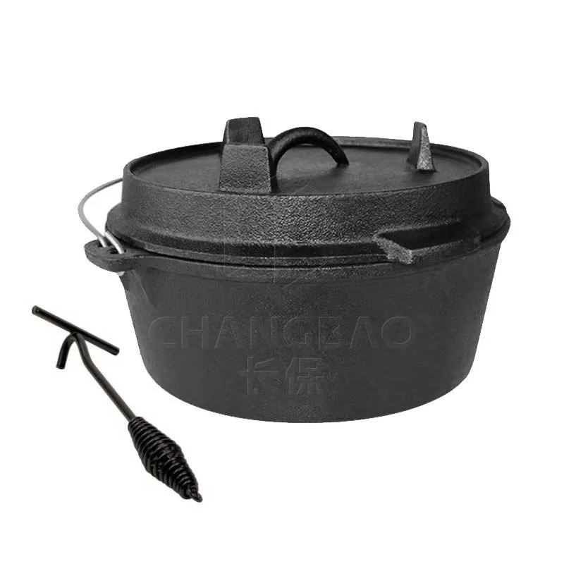 25cm Cast Iron Dutch Oven Camping Pot Outdoor Portable Multi-function Cookware Stew Pot Barbecue Pot Soup Picnic Pot