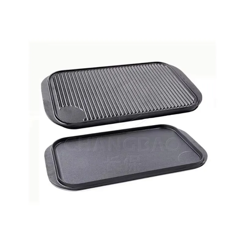 Rectangular Cast Iron Striped Barbecue Meat Grill, Double-sided Skillet, 44x24cm