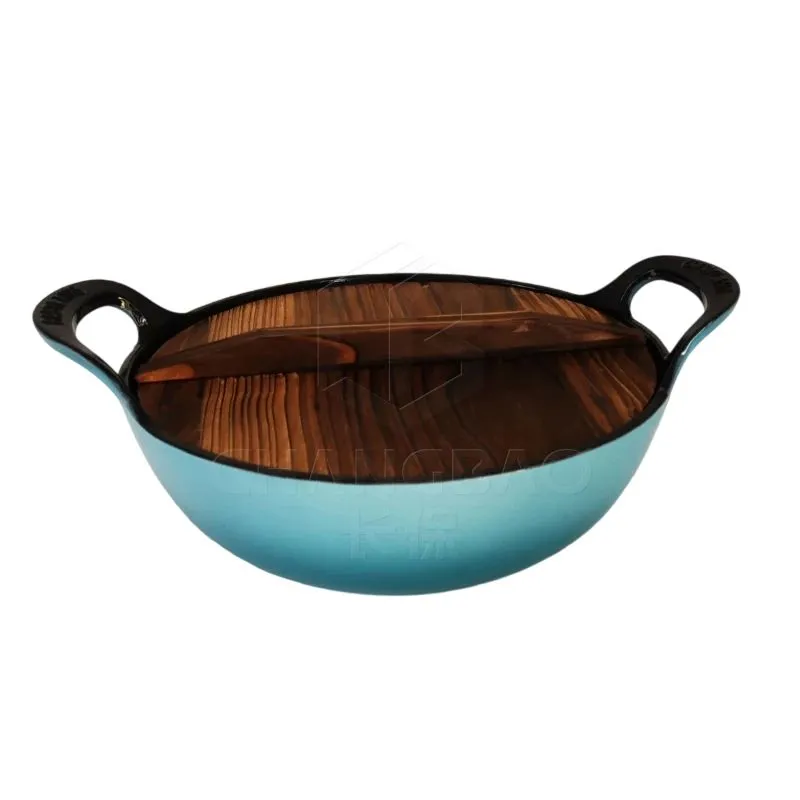 Flat Bottomed Lake Blue Enameled Cast Iron Wok 26cm