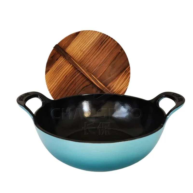 Flat Bottomed Lake Blue Enameled Cast Iron Wok 26cm