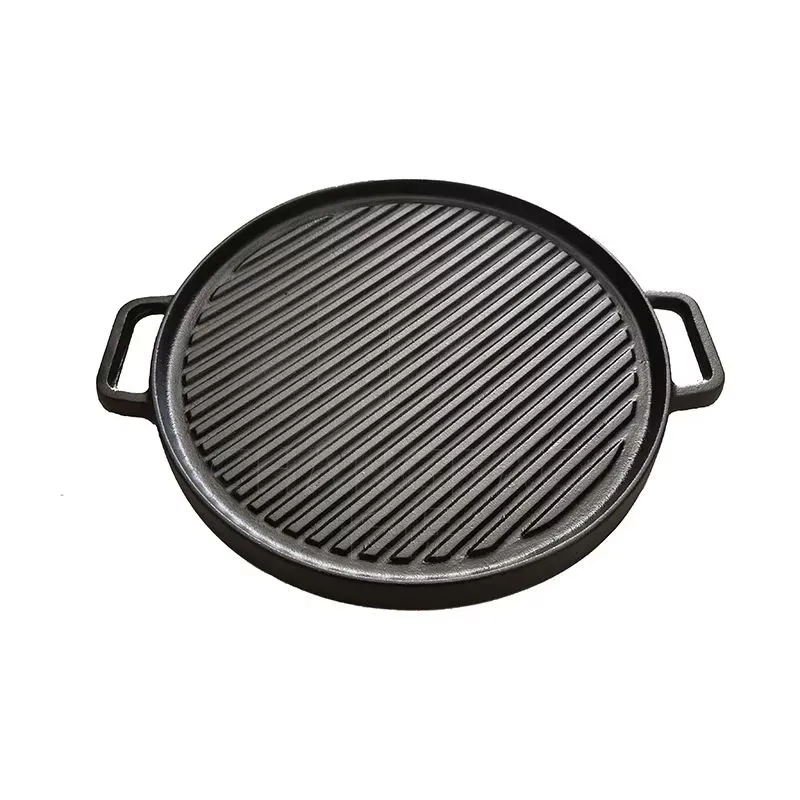 Double-Sided Round Cast Iron Frying Pan, Multifunctional, Uncoated, Teppanyaki Steak Skillet, 30cm