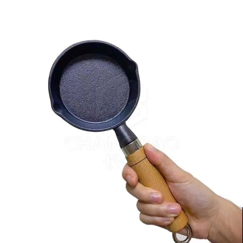 Mini Egg Cake Pan with Long Wooden Handle, Small Frying Dumpling Pan, 10cm